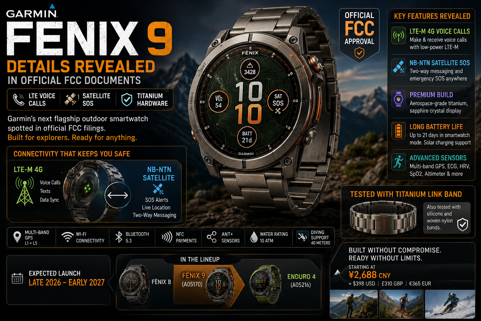 Garmin Fenix 9 smartwatch featuring LTE voice calling, satellite SOS messaging, titanium construction, multi-band GPS, and premium outdoor fitness features revealed in official FCC documents.