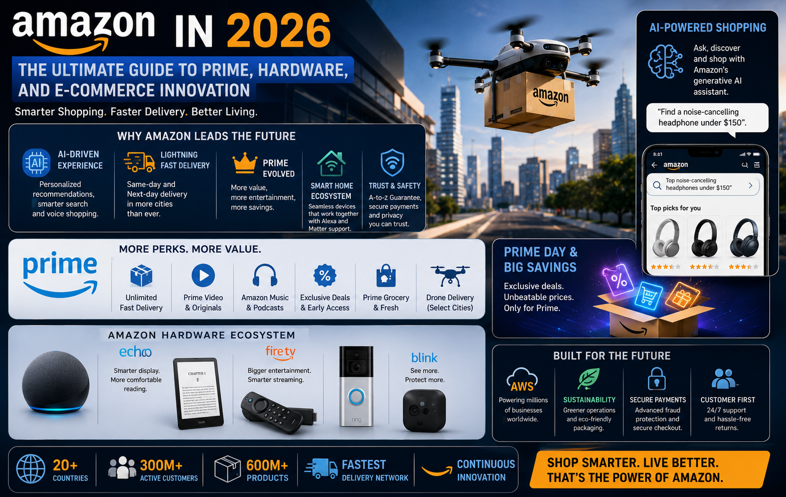 Amazon 2026 infographic featuring Prime membership benefits, AI-powered shopping assistant, Echo smart speakers, Kindle e-readers, Fire TV devices, drone delivery, and next-generation e-commerce innovations.