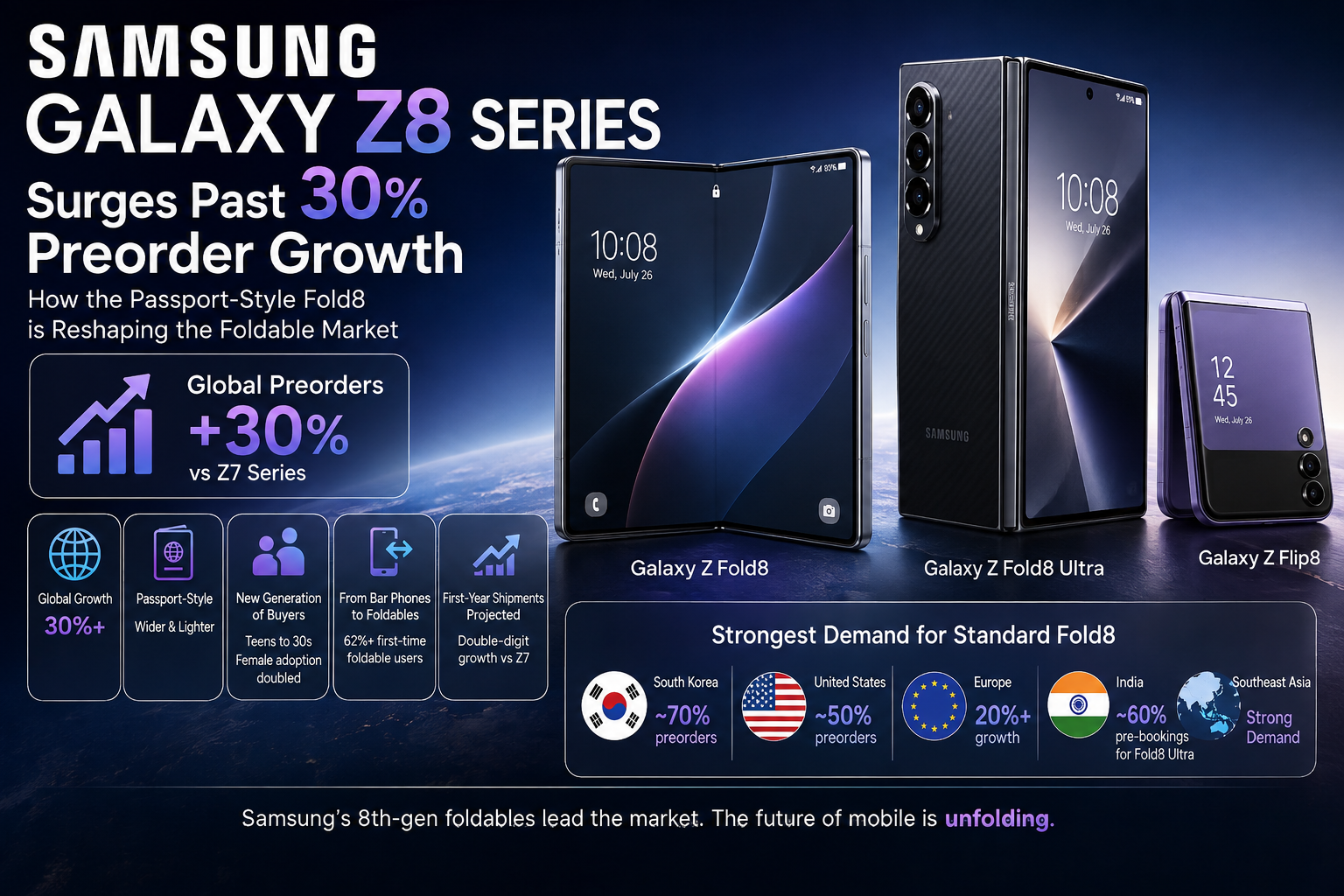 Samsung Galaxy Z8 Series Fold8 Fold8 Ultra and Flip8 with 30 percent preorder growth