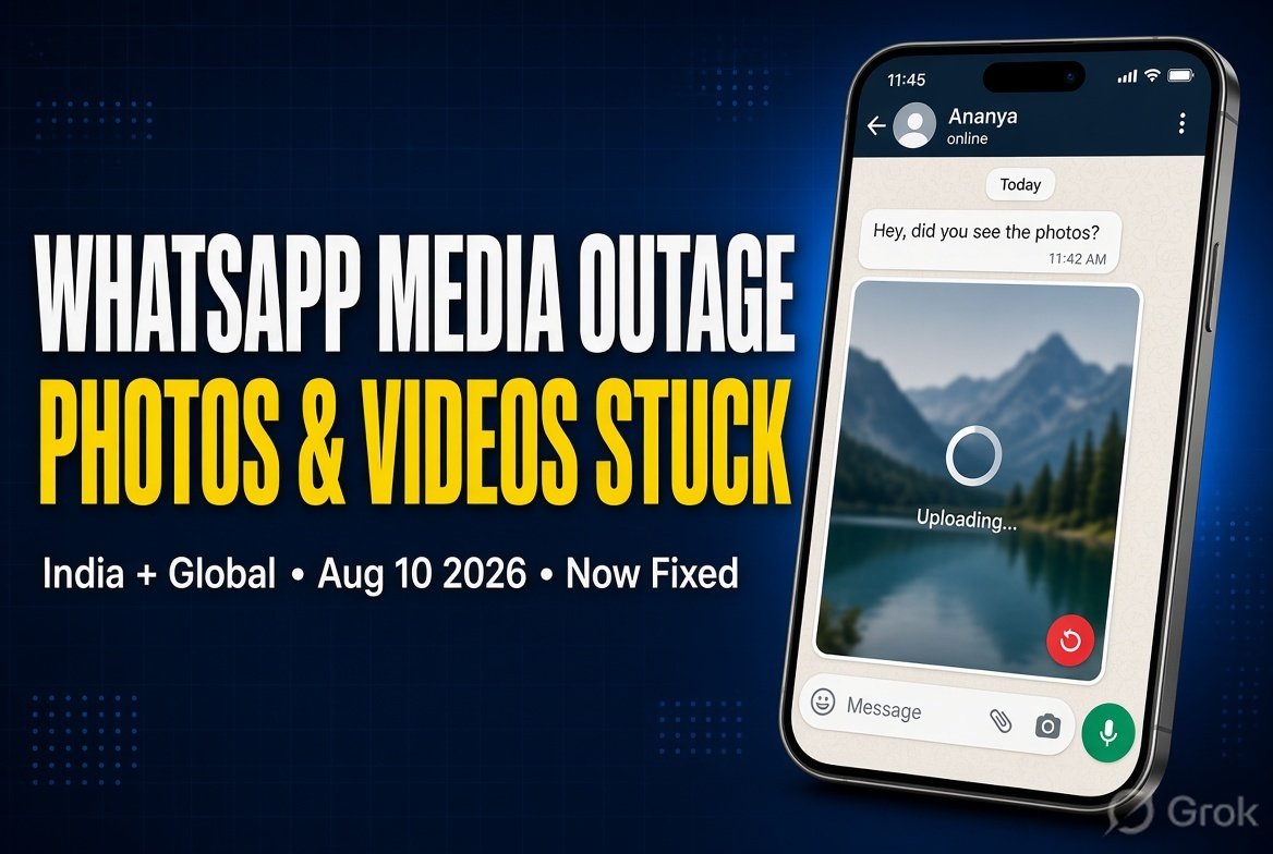WhatsApp media sharing outage illustration showing smartphone with stuck photo upload and bold text WhatsApp Media Outage Photos & Videos Stuck India Global August 10 2026 Now Fixed
